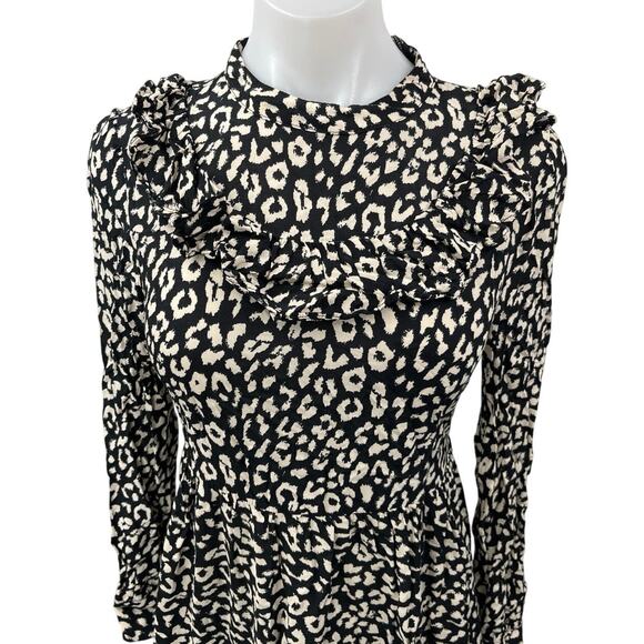 ZARA Black Cream Leopard Animal Print Long Sleeve Ruffle Mini A-line Dress XS - Picture 6 of 8